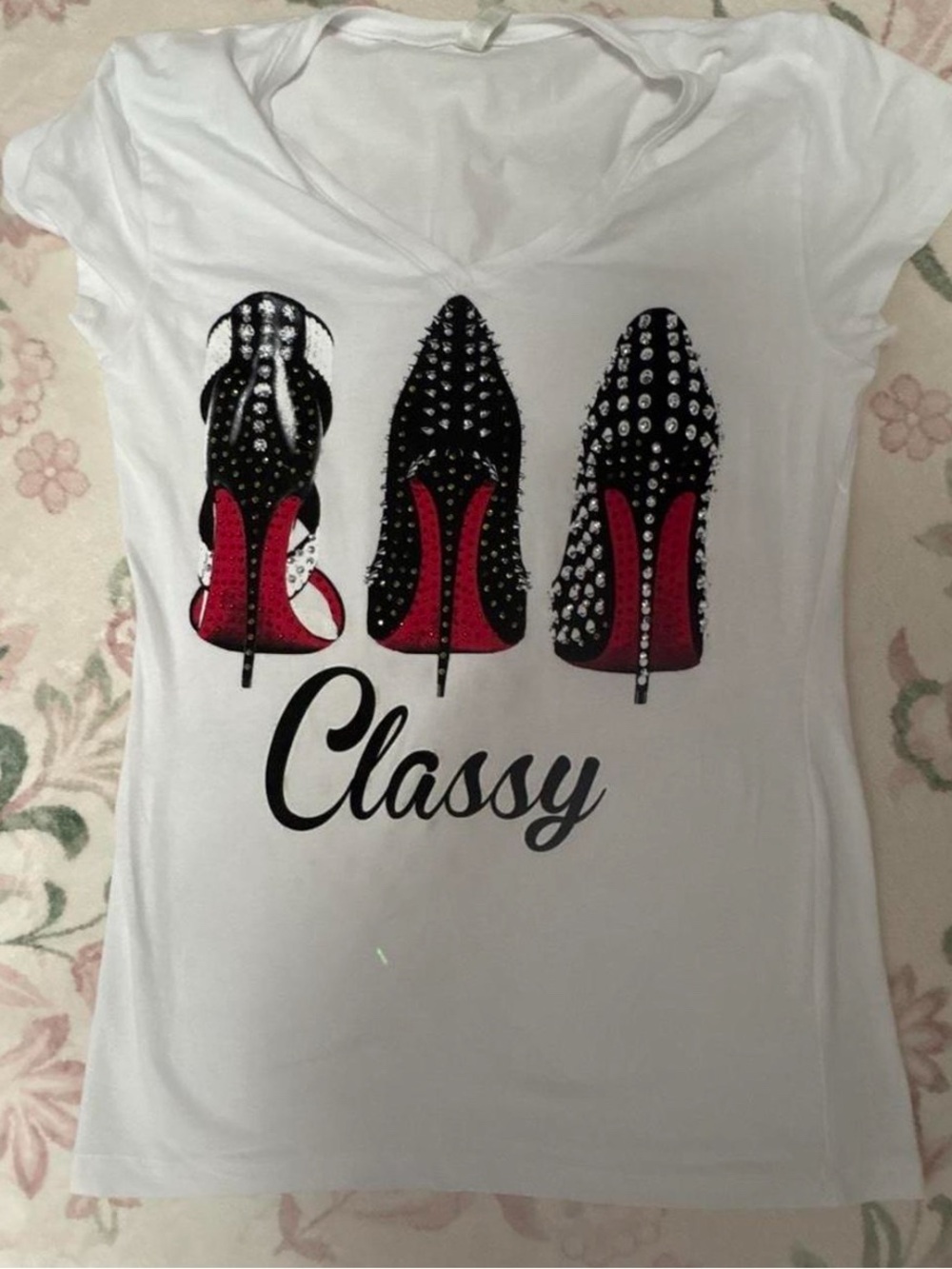 Reserved Women's White Tee with Black and Red Studded Heel Graphic